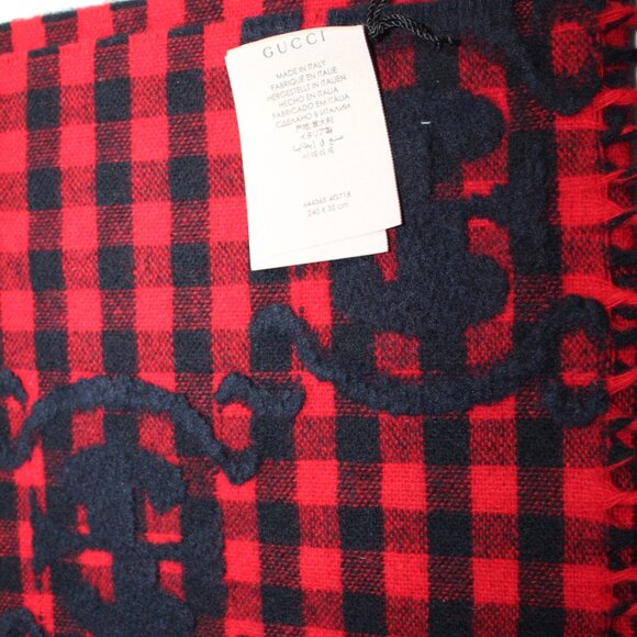 NWT Gucci Red Black Diamond Check GG Logo Scarf Wool Blend - Picture 7 of 8